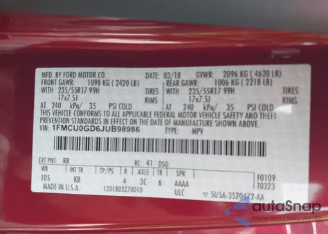 2018 Ford Escape Se из США, поврежденный, VIN 1FMCU0GD6JUB98986